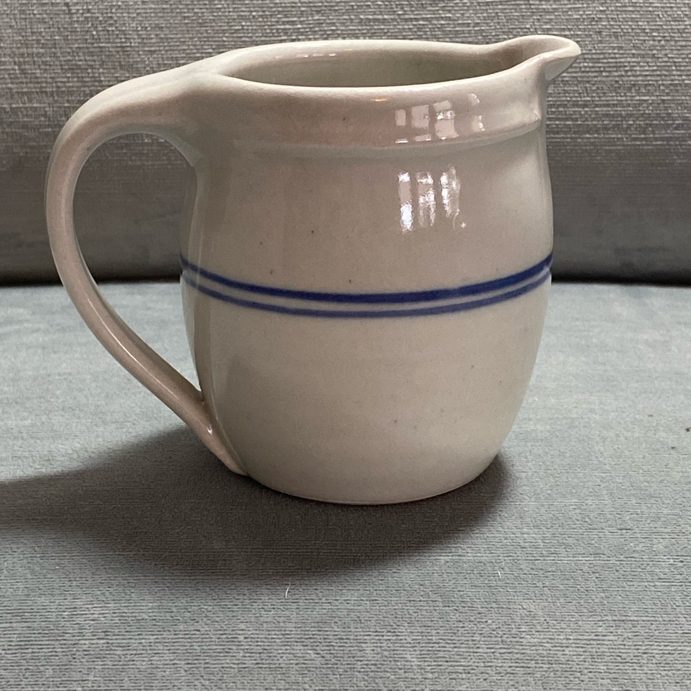 Kylie Kros Ceramic Pottery Glossy Pitcher Blue White Striped Handle Handmade